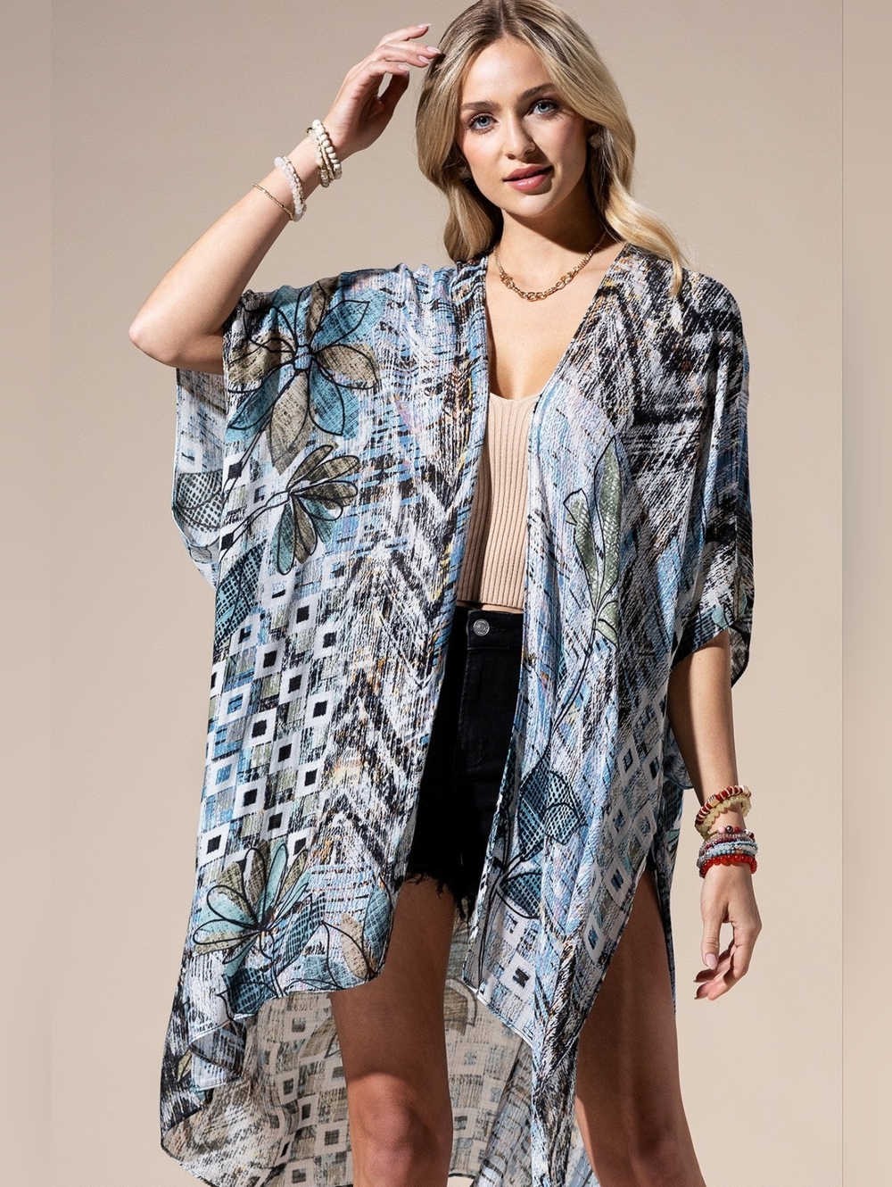Abstract Boho Floral Open Front Kimono or Swimsuit Coverup Lightweight NWT